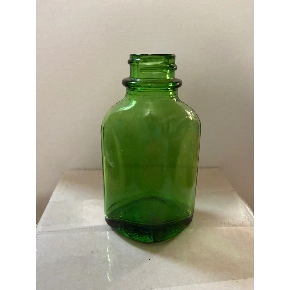 Vintage Emerald Green Glass Bottle Small Triangular Apothecary Bud Vase 3 inch